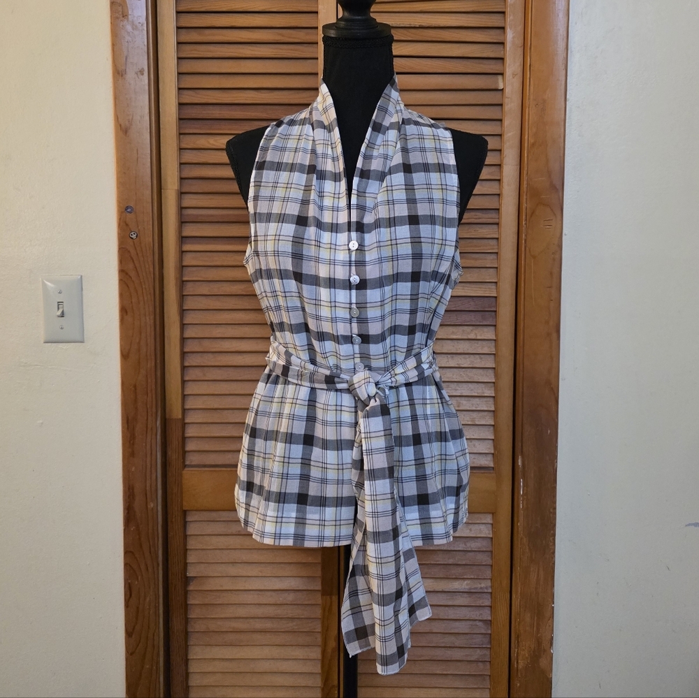 NWOT Worth New York Women's Sheer Plaid Blouse with Sash Size 6